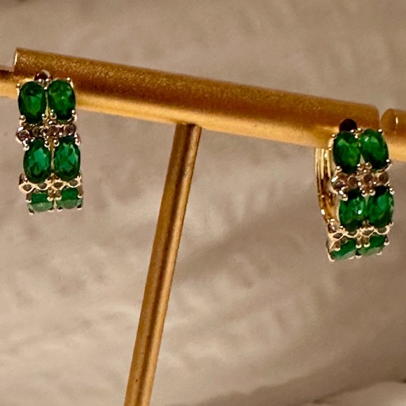 14K Gold Filled Green CZ Oval Huggie Earrings | Emerald Look Hoops - Picture 8 of 9